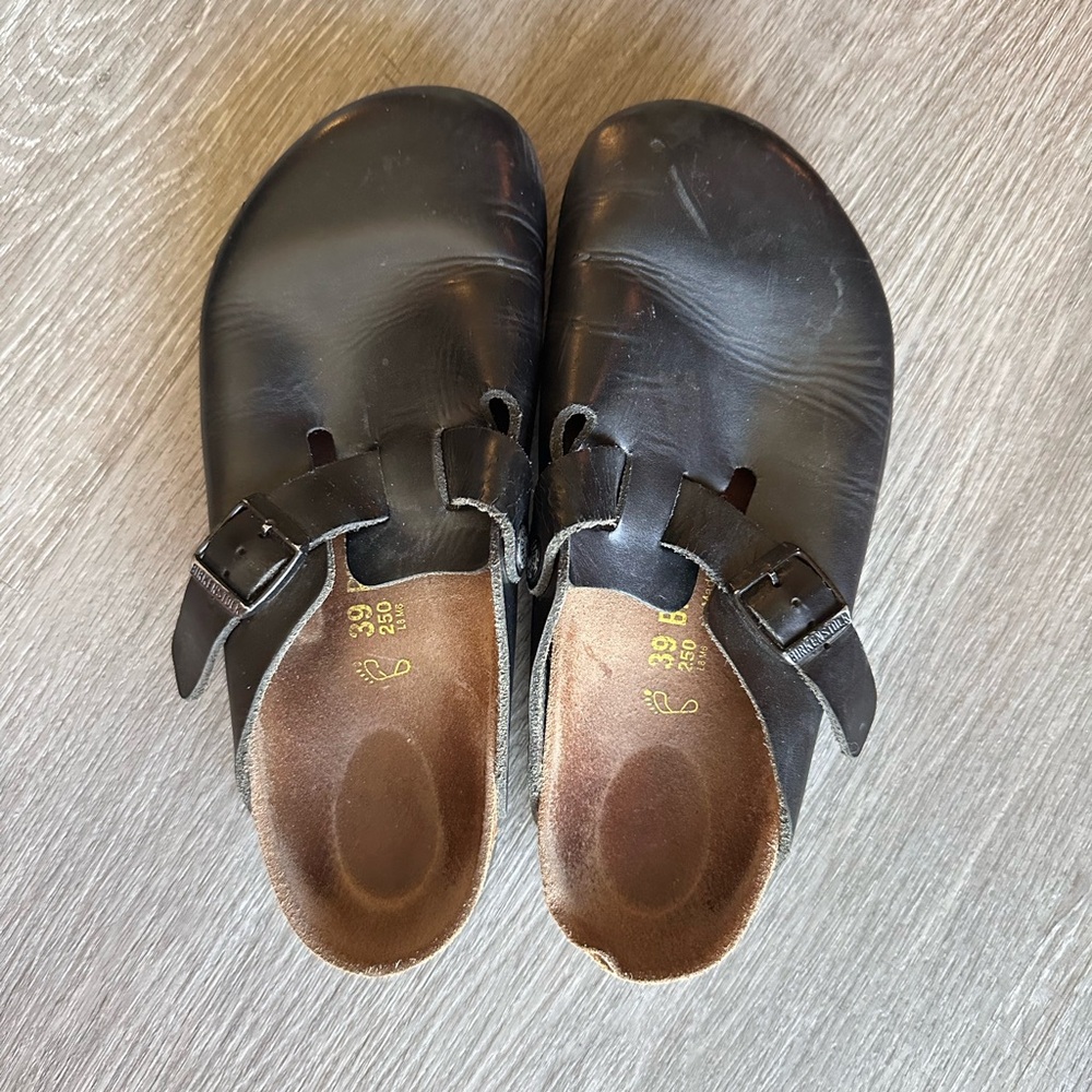 Birkenstock Black Leather Boston Clogs
